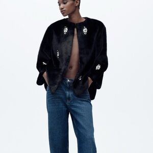 ZARA FAUX FUR JEWEL BEADING COAT Black with Silver Accents blogger favorite